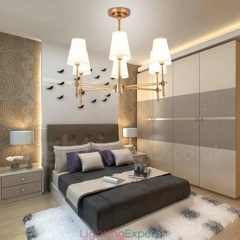 6 Light Retro Rustic Luxury Brass Pendant Lamp Chandelier with Fabric Shade