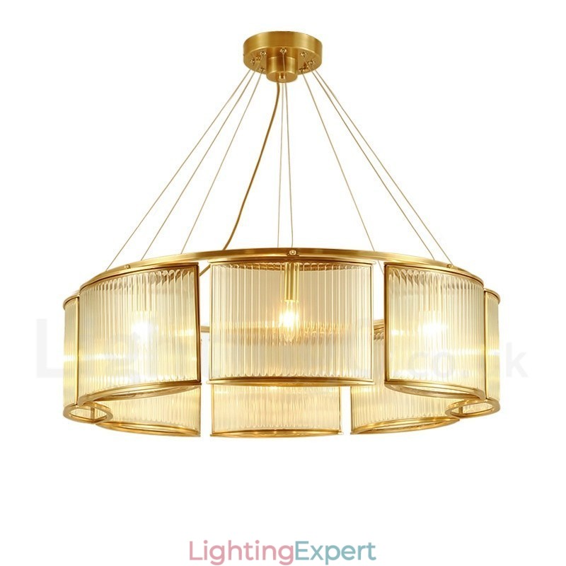8 Light Retro Rustic Luxury Brass Pendant Lamp Chandelier with Glass Shade