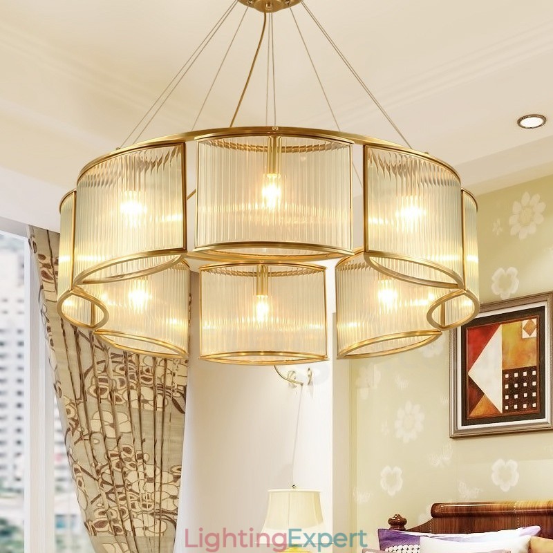 8 Light Retro Rustic Luxury Brass Pendant Lamp Chandelier with Glass Shade