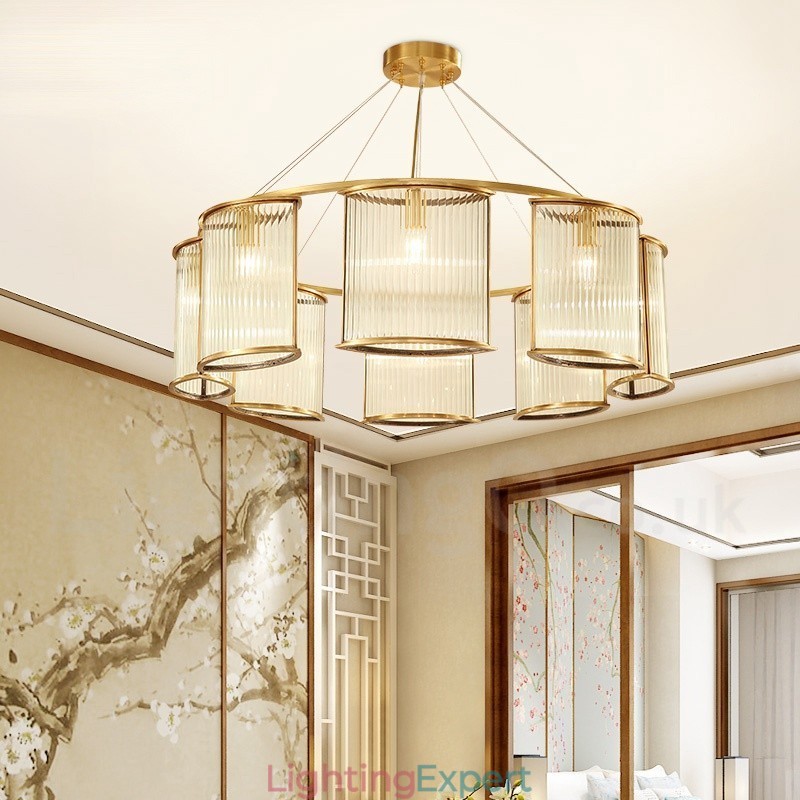 8 Light Retro Rustic Luxury Brass Pendant Lamp Chandelier with Glass Shade