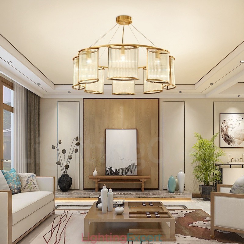 8 Light Retro Rustic Luxury Brass Pendant Lamp Chandelier with Glass Shade