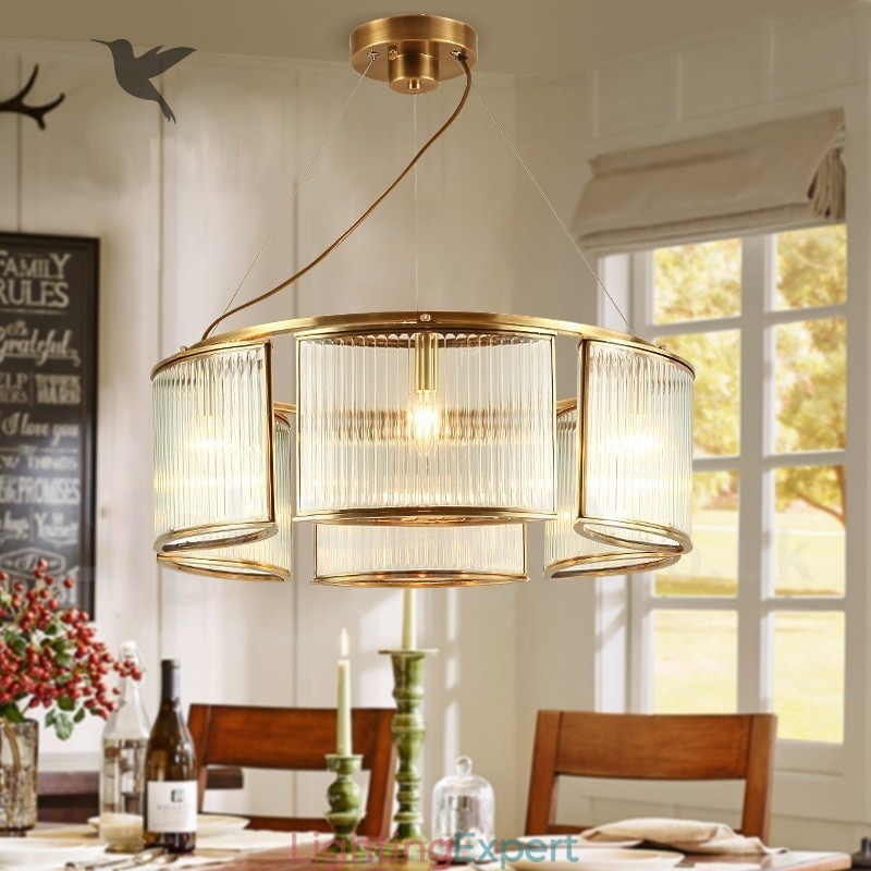 6 Light Retro Rustic Luxury Brass Pendant Lamp Chandelier with Glass Shade
