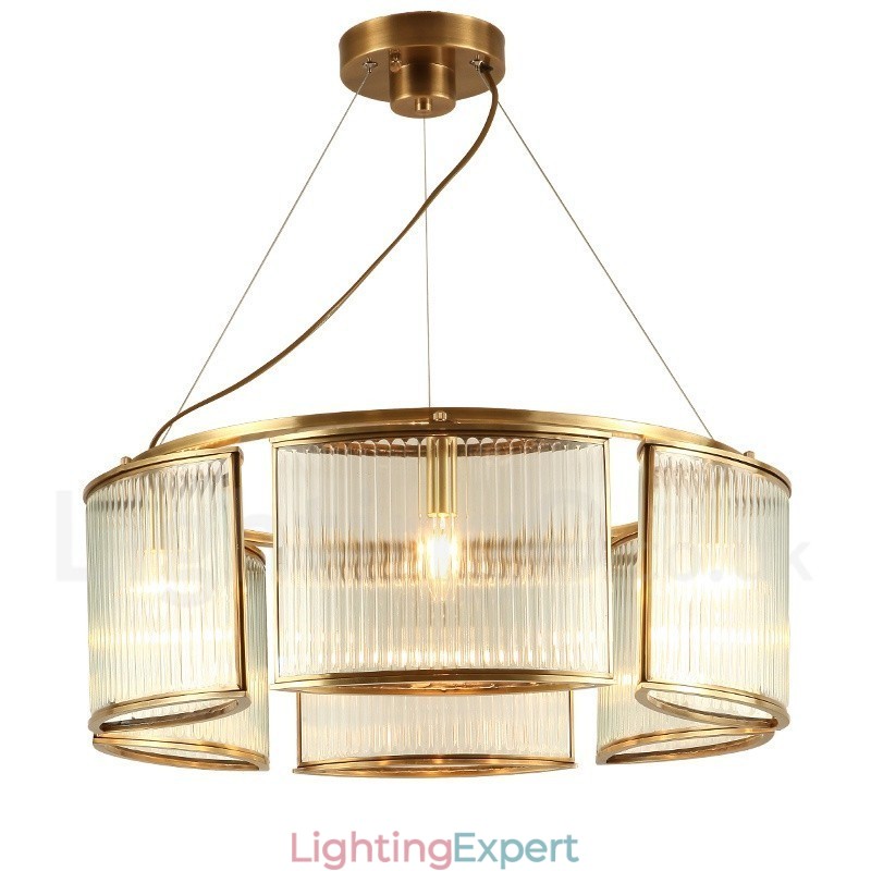 6 Light Retro Rustic Luxury Brass Pendant Lamp Chandelier with Glass Shade