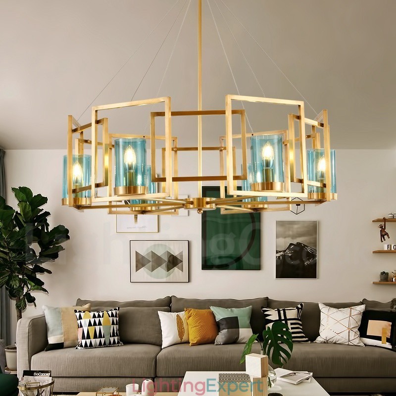 6 Light Retro Rustic Luxury Brass Pendant Lamp Chandelier with Glass Shade