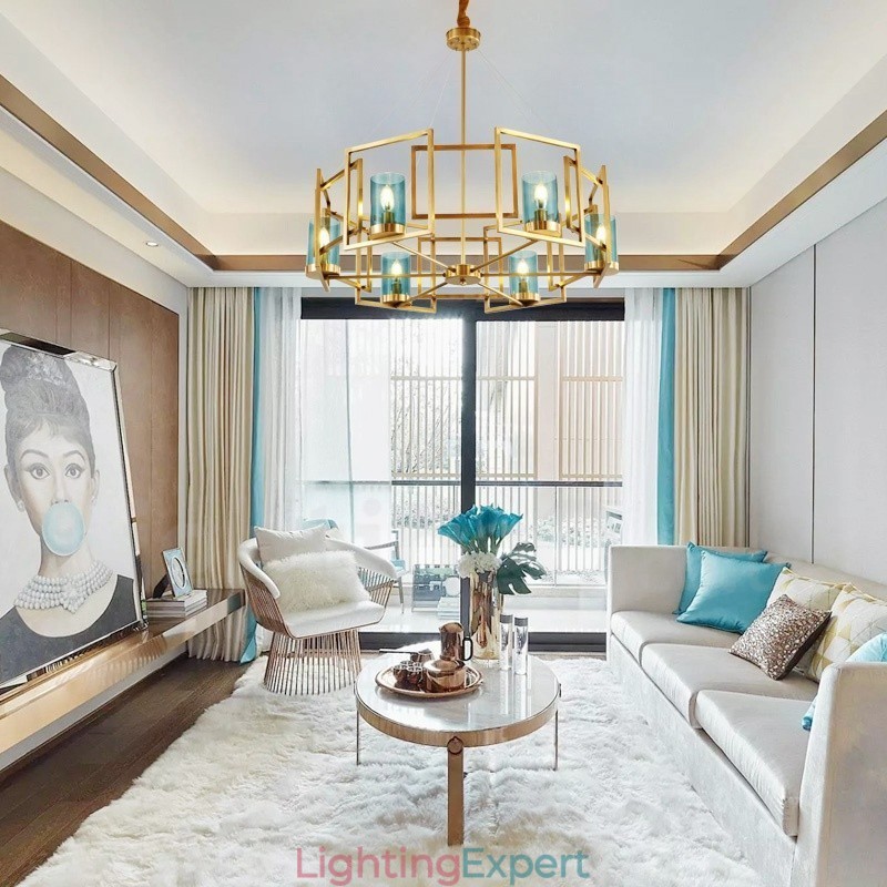 6 Light Retro Rustic Luxury Brass Pendant Lamp Chandelier with Glass Shade