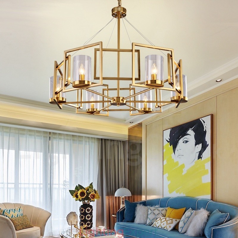 6 Light Retro Rustic Luxury Brass Pendant Lamp Chandelier with Glass Shade