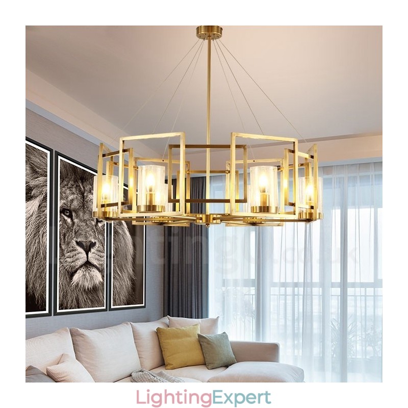 6 Light Retro Rustic Luxury Brass Pendant Lamp Chandelier with Glass Shade