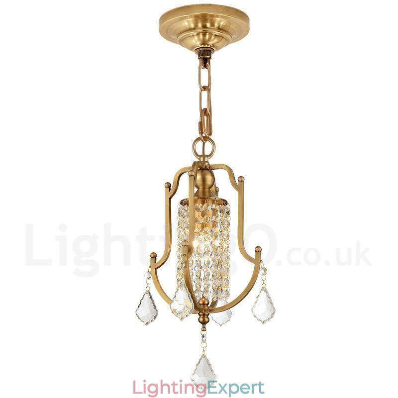 1 Light Retro Rustic Luxury Brass Pendant Lamp Chandelier with Crystal Shade