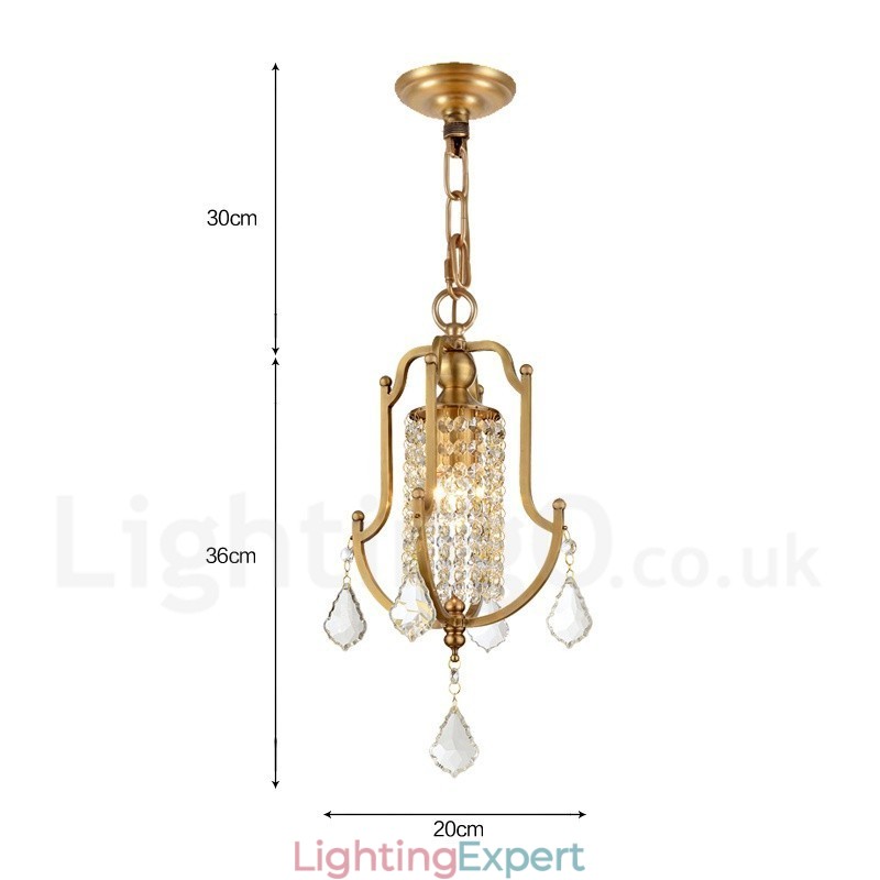 1 Light Retro Rustic Luxury Brass Pendant Lamp Chandelier with Crystal Shade