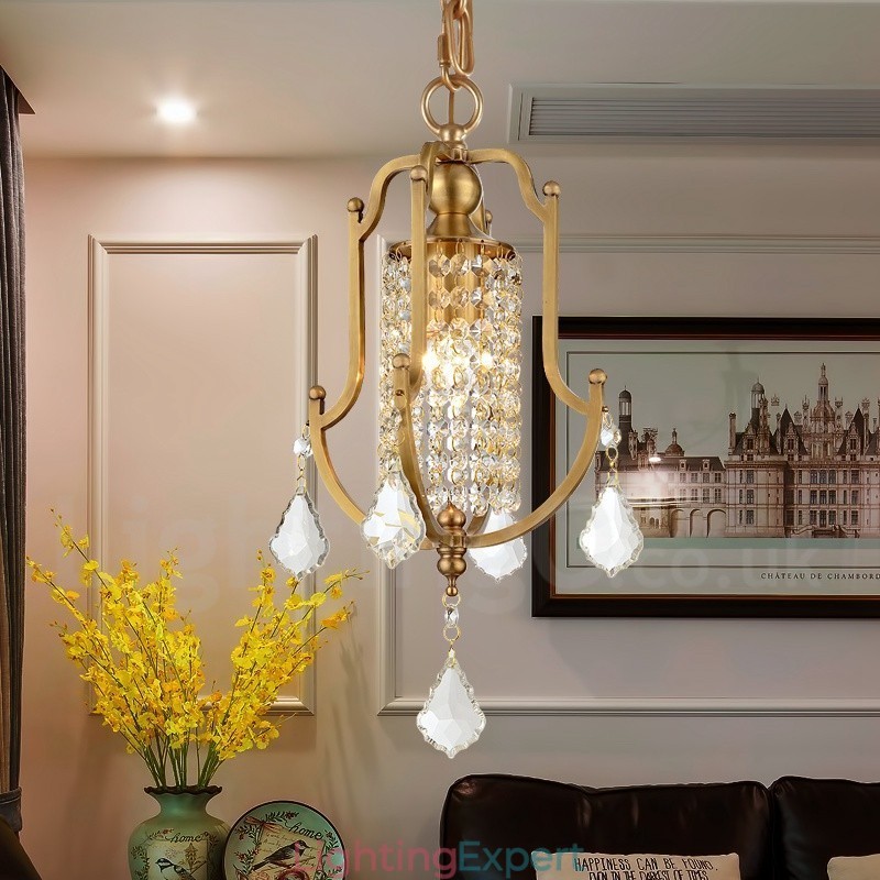 1 Light Retro Rustic Luxury Brass Pendant Lamp Chandelier with Crystal Shade