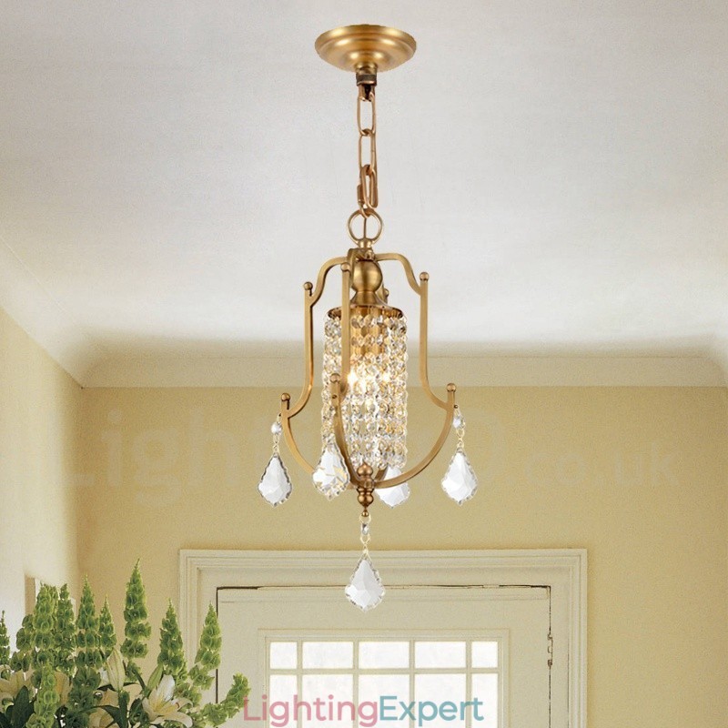 1 Light Retro Rustic Luxury Brass Pendant Lamp Chandelier with Crystal Shade