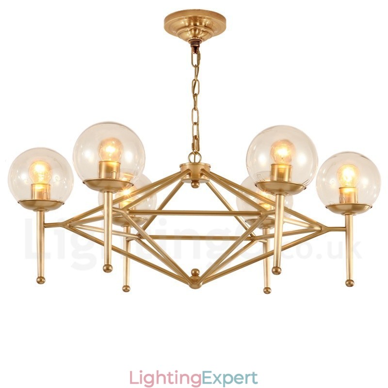 6 Light Retro Rustic Luxury Brass Pendant Lamp Chandelier with Glass Shade