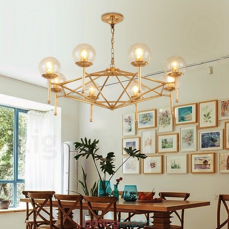 6 Light Retro Rustic Luxury Brass Pendant Lamp Chandelier with Glass Shade