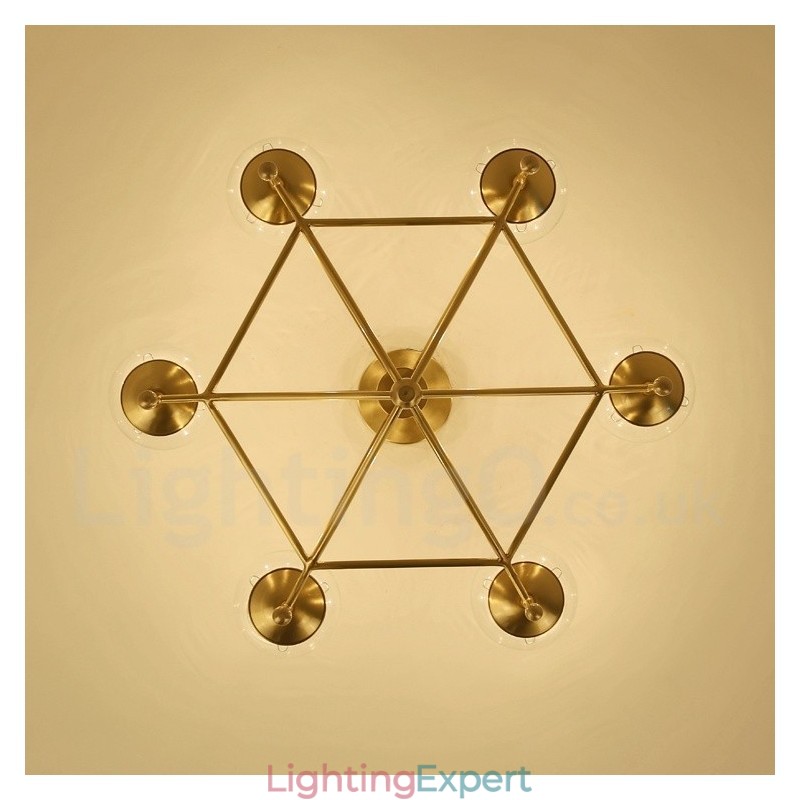 6 Light Retro Rustic Luxury Brass Pendant Lamp Chandelier with Glass Shade