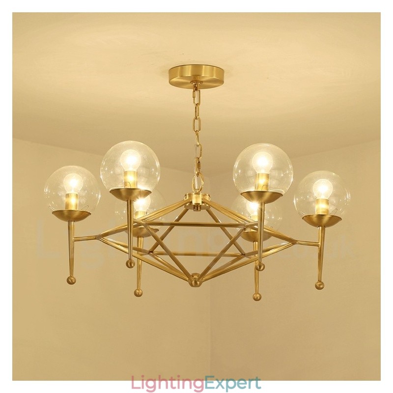 6 Light Retro Rustic Luxury Brass Pendant Lamp Chandelier with Glass Shade