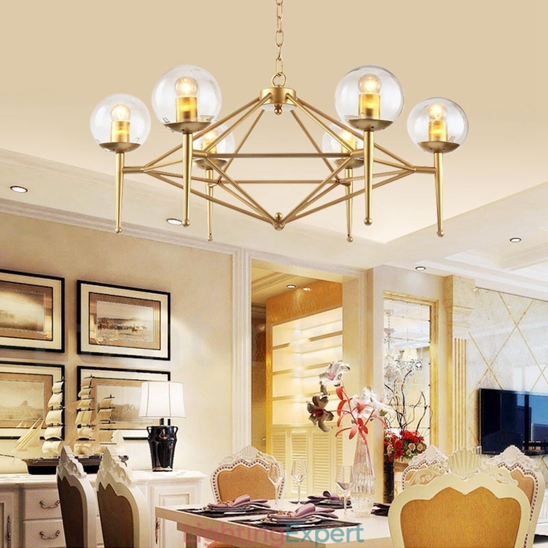 6 Light Retro Rustic Luxury Brass Pendant Lamp Chandelier with Glass Shade