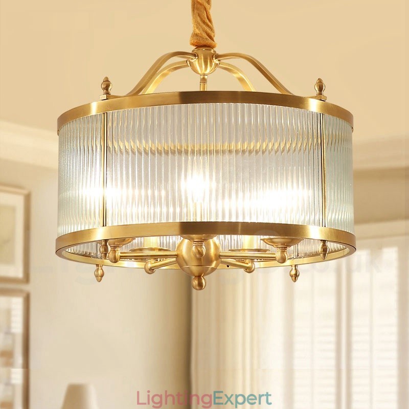 5 Light Retro Rustic Luxury Brass Pendant Lamp Chandelier with Glass Shade
