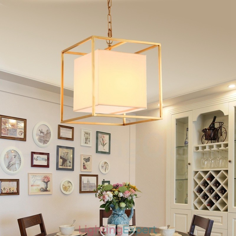 1 Light Retro Rustic Luxury Brass Pendant Lamp Chandelier with Fabric Shade