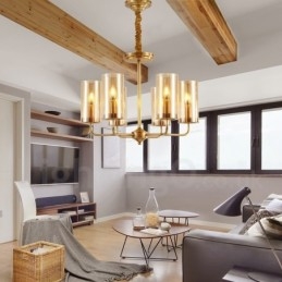 6 Light Retro Rustic Luxury Brass Pendant Lamp Chandelier with Glass Shade