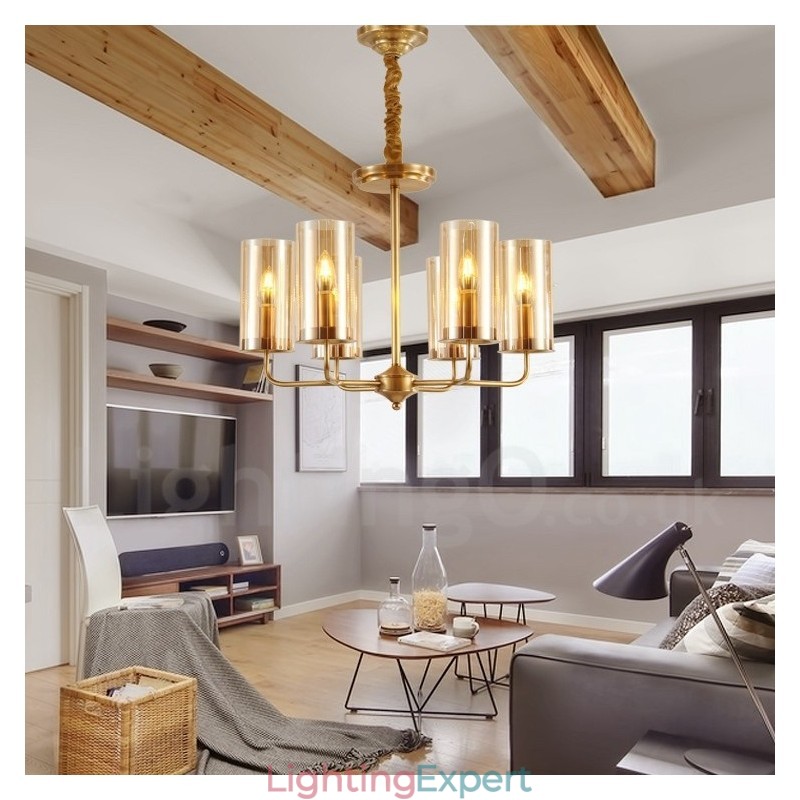 6 Light Retro Rustic Luxury Brass Pendant Lamp Chandelier with Glass Shade