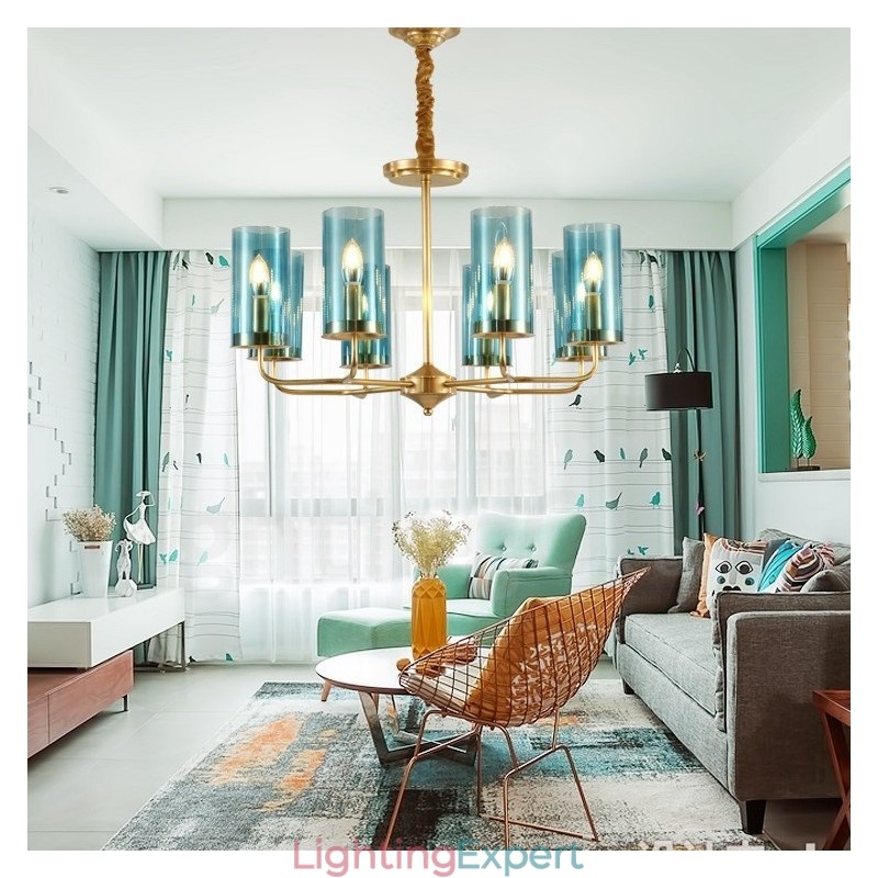 8 Light Retro Rustic Luxury Brass Pendant Lamp Chandelier with Glass Shade