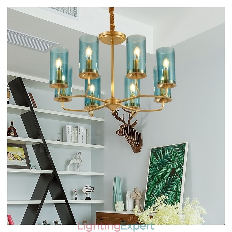 8 Light Retro Rustic Luxury Brass Pendant Lamp Chandelier with Glass Shade