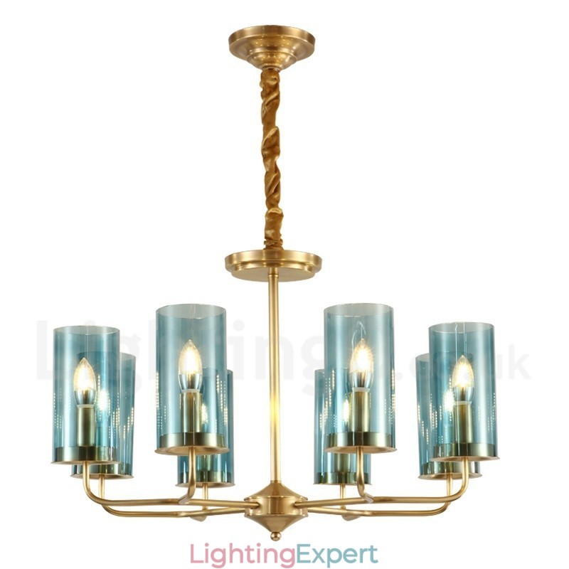8 Light Retro Rustic Luxury Brass Pendant Lamp Chandelier with Glass Shade
