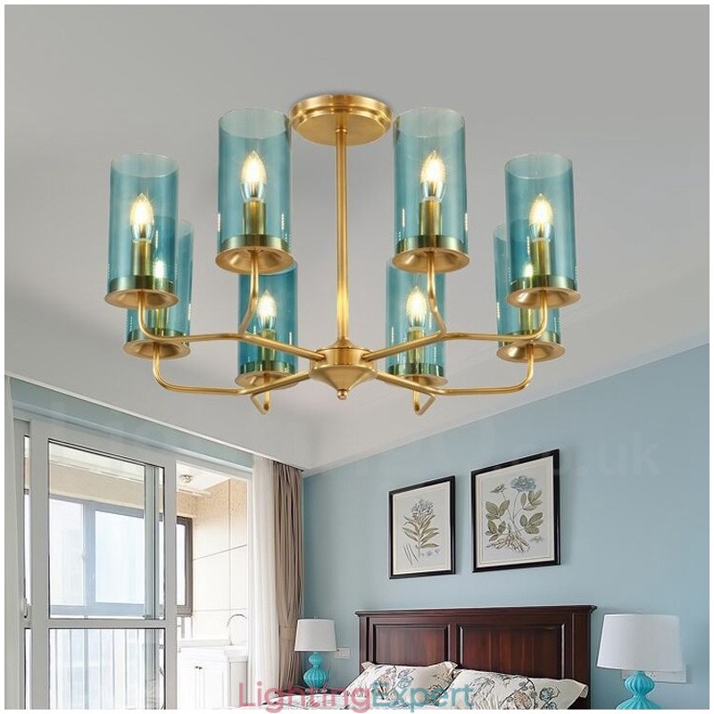 8 Light Retro Rustic Luxury Brass Pendant Lamp Chandelier with Glass Shade