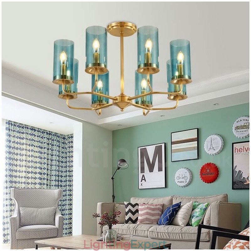 8 Light Retro Rustic Luxury Brass Pendant Lamp Chandelier with Glass Shade