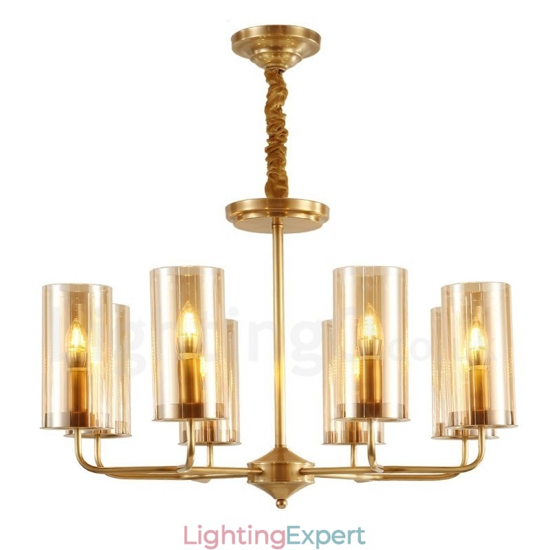 8 Light Retro Rustic Luxury Brass Pendant Lamp Chandelier with Glass Shade