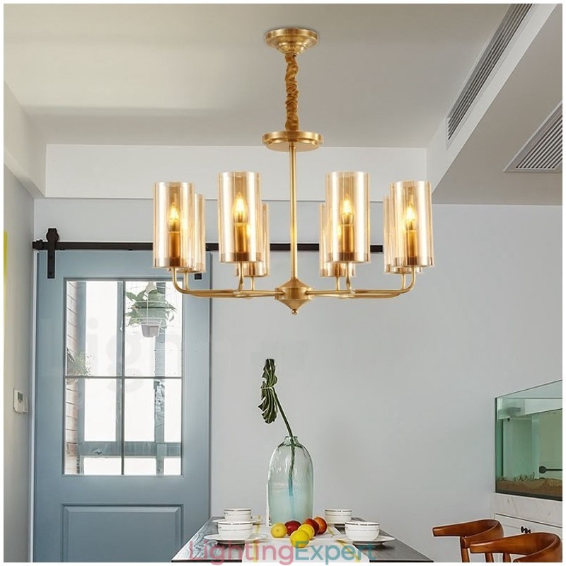 8 Light Retro Rustic Luxury Brass Pendant Lamp Chandelier with Glass Shade