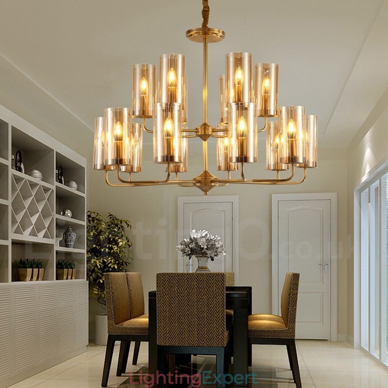16 Light Retro Rustic Luxury Brass Pendant Lamp Chandelier with Glass Shade