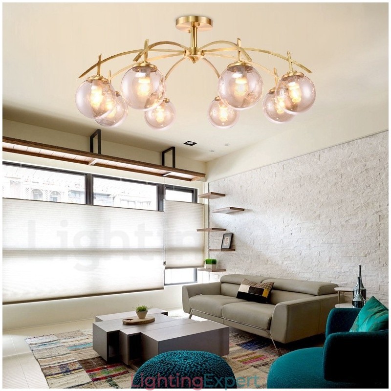 8 Light Retro Rustic Luxury Brass Pendant Lamp Chandelier with Glass Shade