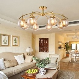 8 Light Retro Rustic Luxury Brass Pendant Lamp Chandelier with Glass Shade