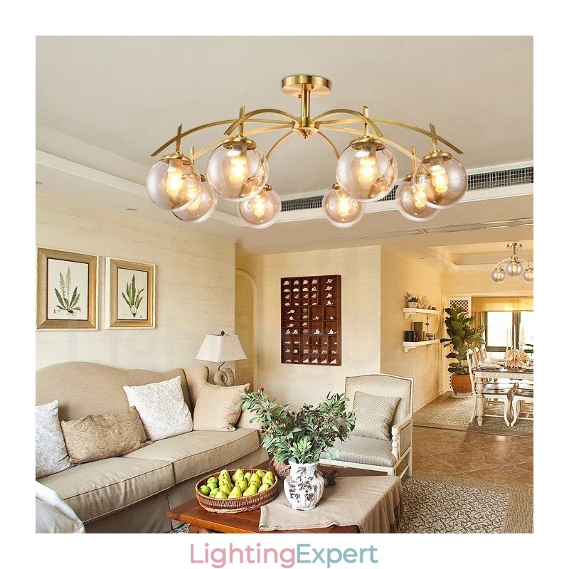 8 Light Retro Rustic Luxury Brass Pendant Lamp Chandelier with Glass Shade