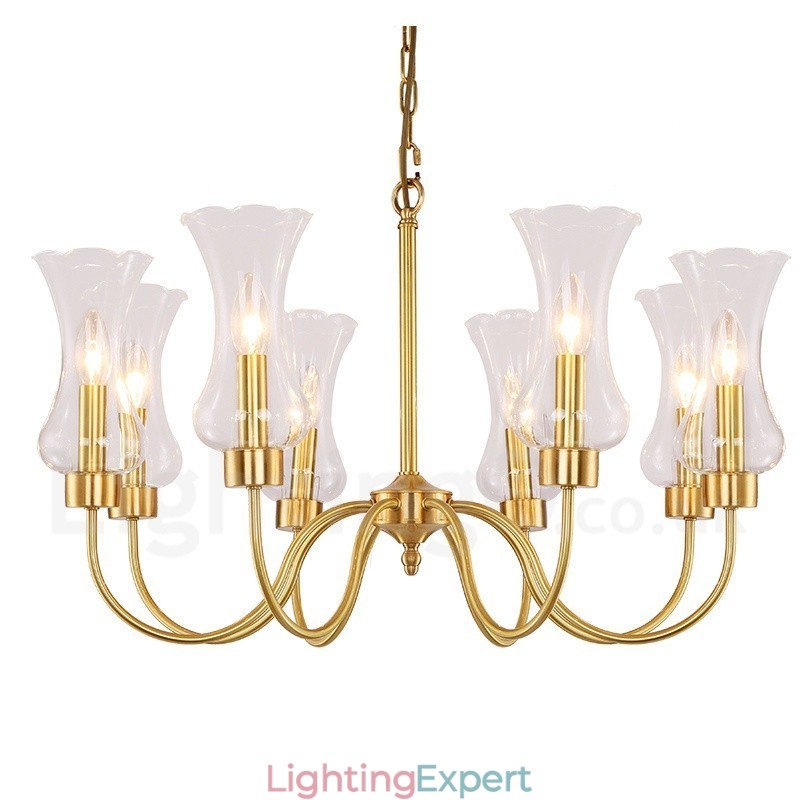 8 Light Retro Rustic Luxury Brass Pendant Lamp Chandelier with Glass Shade
