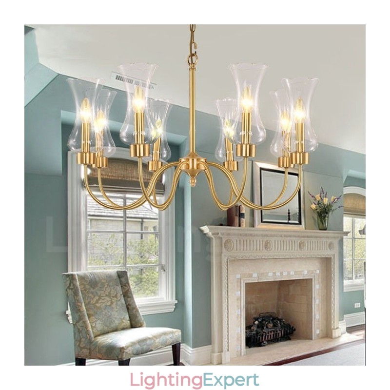 8 Light Retro Rustic Luxury Brass Pendant Lamp Chandelier with Glass Shade