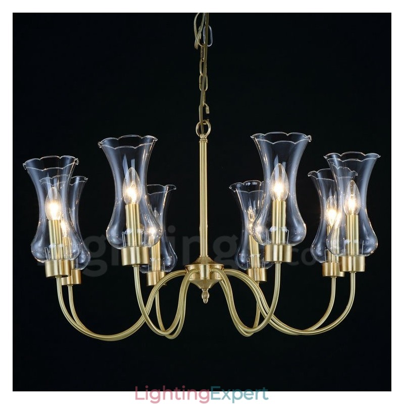 8 Light Retro Rustic Luxury Brass Pendant Lamp Chandelier with Glass Shade