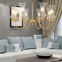 8 Light Retro Rustic Luxury Brass Pendant Lamp Chandelier with Glass Shade