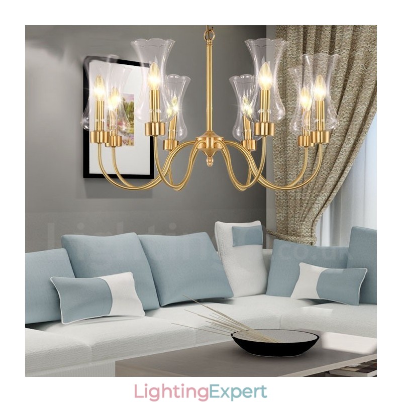 8 Light Retro Rustic Luxury Brass Pendant Lamp Chandelier with Glass Shade