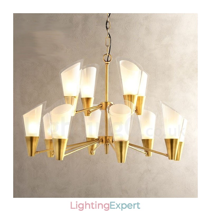 12 Light Retro Rustic Luxury Brass Pendant Lamp Chandelier with Glass Shade