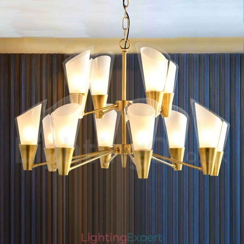 12 Light Retro Rustic Luxury Brass Pendant Lamp Chandelier with Glass Shade