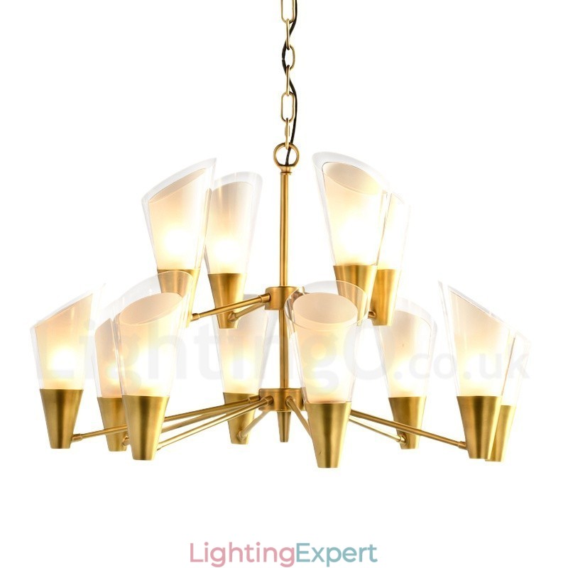 12 Light Retro Rustic Luxury Brass Pendant Lamp Chandelier with Glass Shade