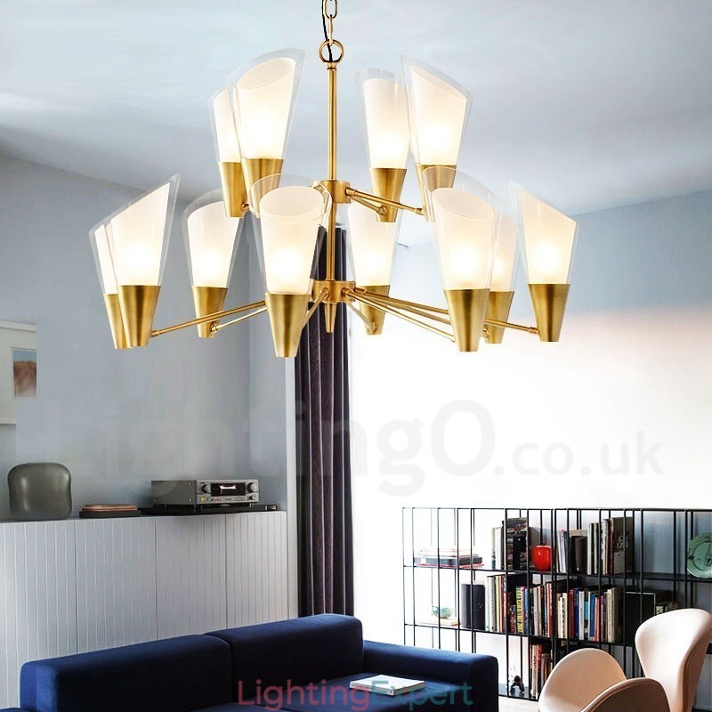 12 Light Retro Rustic Luxury Brass Pendant Lamp Chandelier with Glass Shade