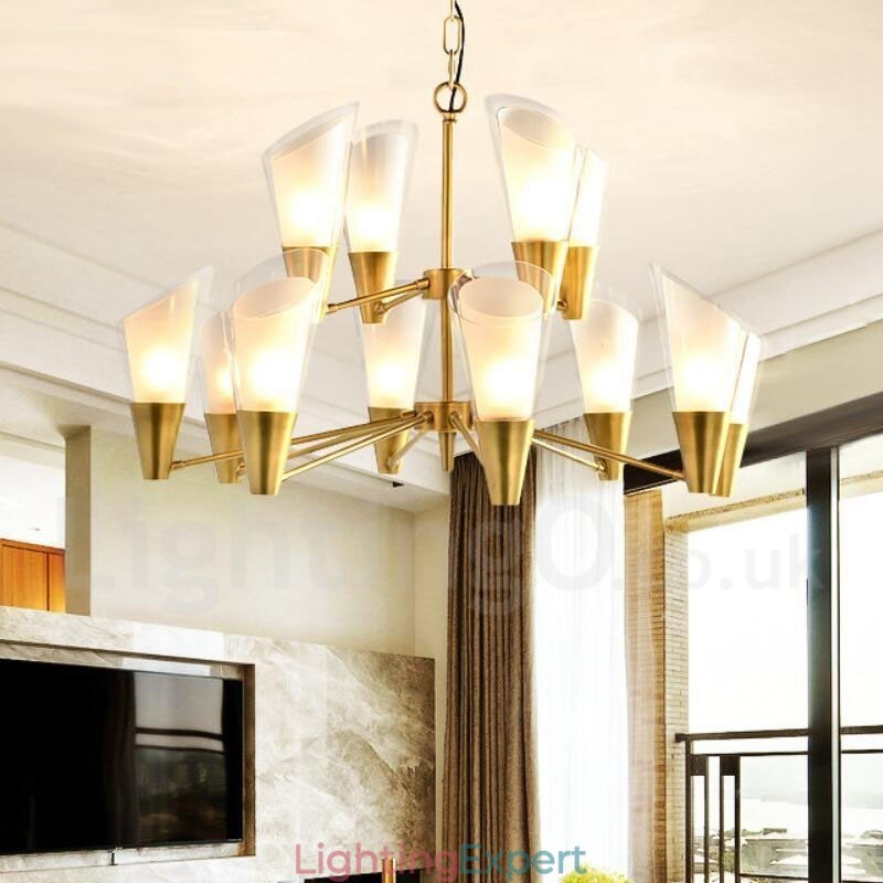 12 Light Retro Rustic Luxury Brass Pendant Lamp Chandelier with Glass Shade