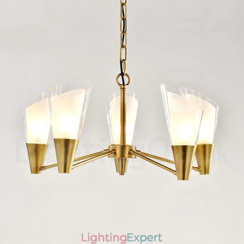 5 Light Retro Rustic Luxury Brass Pendant Lamp Chandelier with Glass Shade