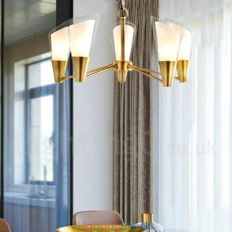 5 Light Retro Rustic Luxury Brass Pendant Lamp Chandelier with Glass Shade