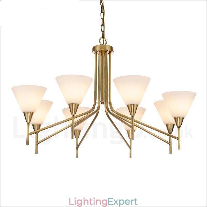 8 Light Retro Rustic Luxury Brass Pendant Lamp Chandelier with Glass Shade