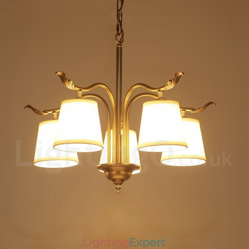 5 Light Retro Rustic Luxury Brass Pendant Lamp Chandelier with Fabric Shade