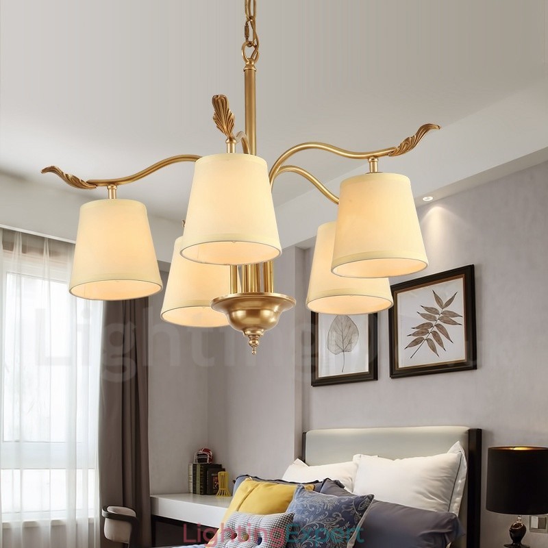 5 Light Retro Rustic Luxury Brass Pendant Lamp Chandelier with Fabric Shade
